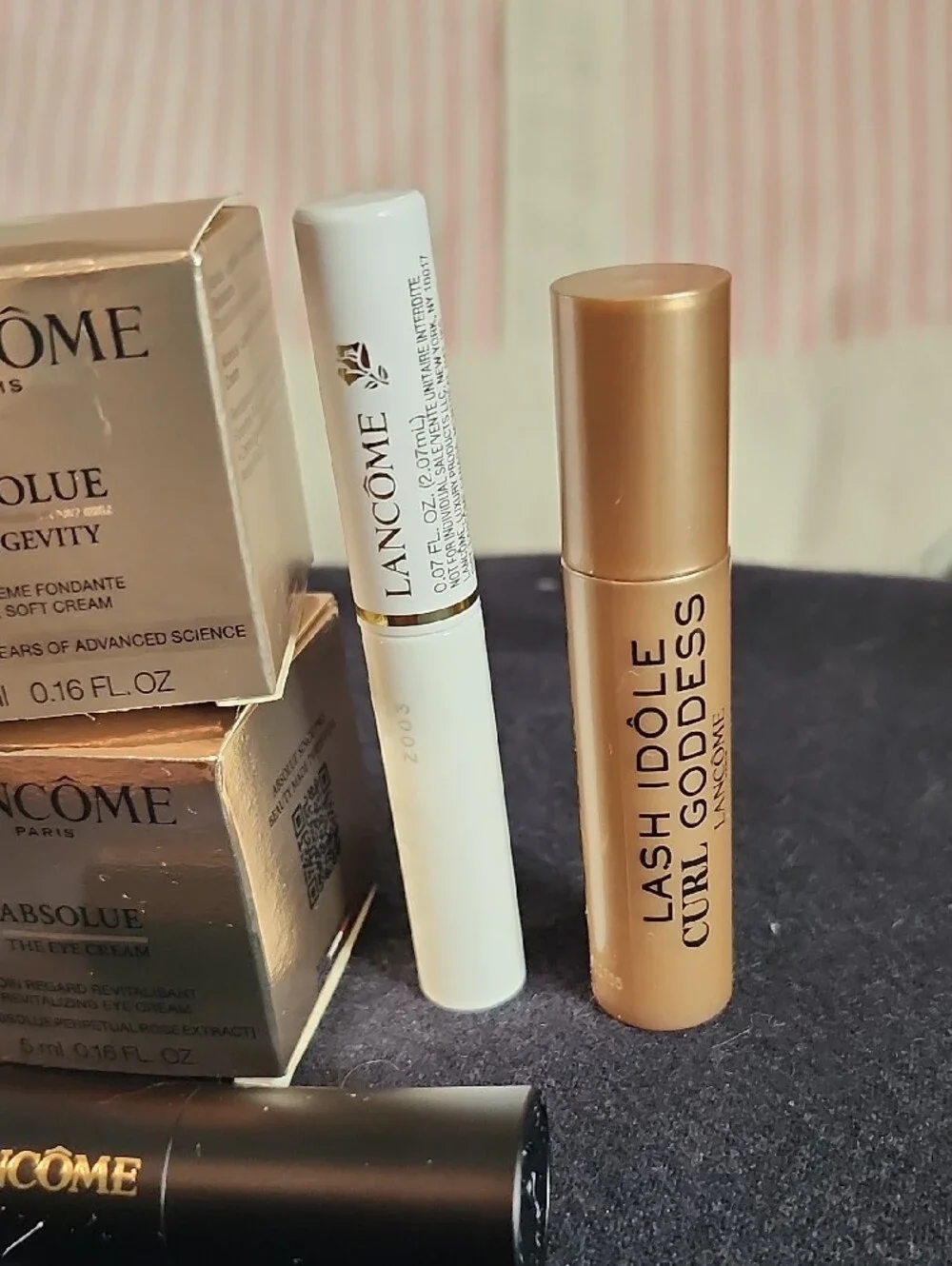 Lancome Pink Stripe Cosmetic Travel Tote with Beauty Essentials